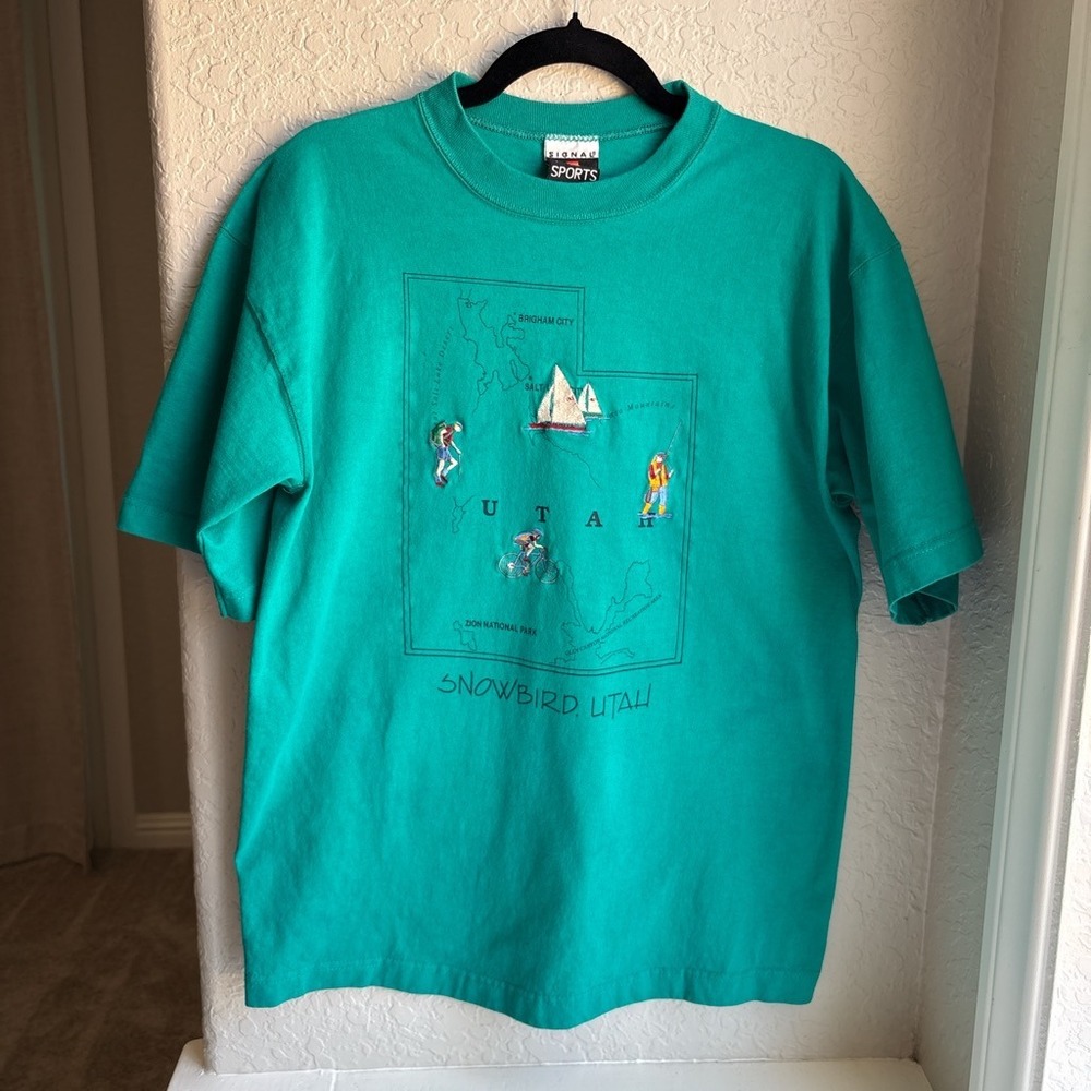 Signal Sports Mens L Vintage 90s T-Shirt Teal Green Utah Snowbird Embroidered